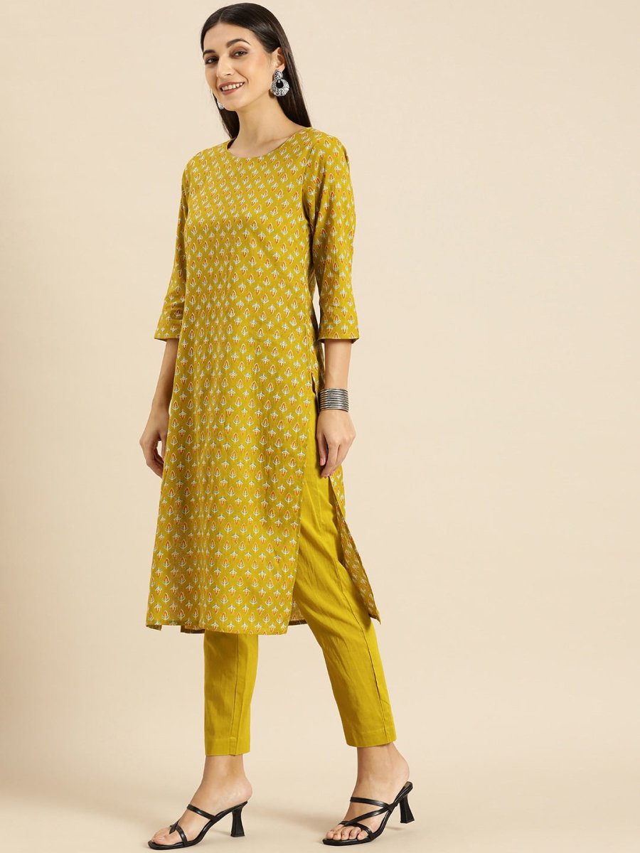 All About You Women Olive Green Ethnic Motifs Print Pure Cotton Kurta with Trousers - Distacart