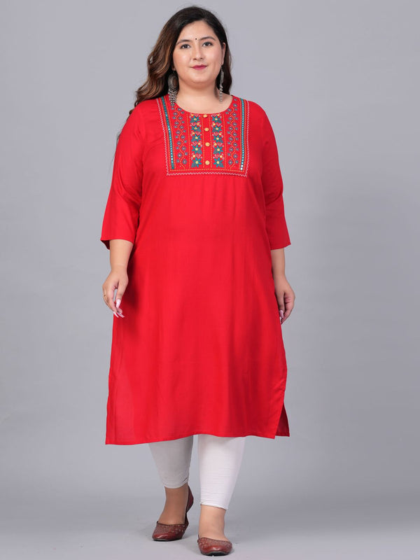Sztori Plus Size Embroidered Yoke Design Round Neck Three-Quarter Sleeves Straight Kurta - Distacart
