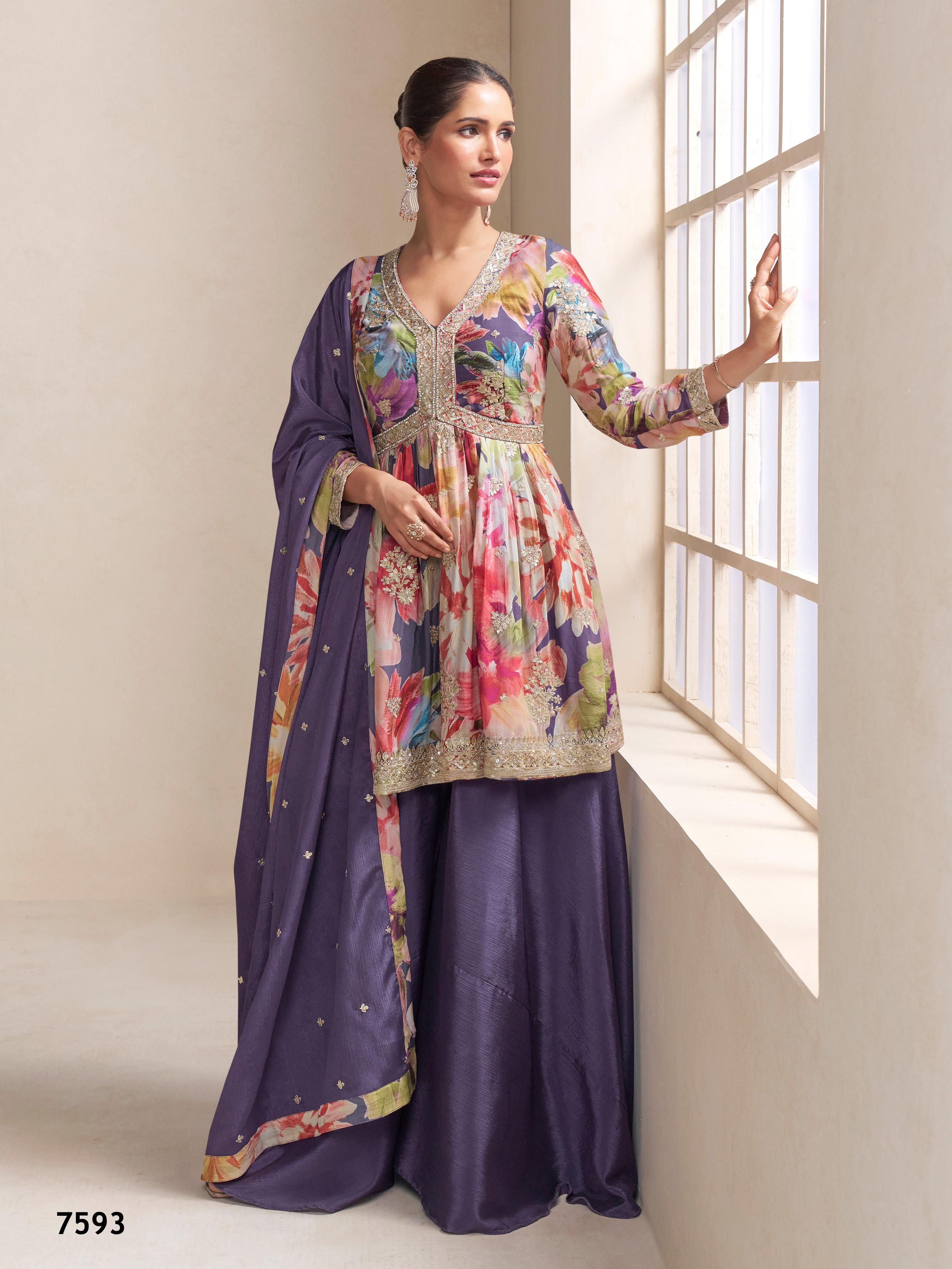 Anaita Purple Chinon Stitched Plazzo Suit With Embroidery Work - Distacart