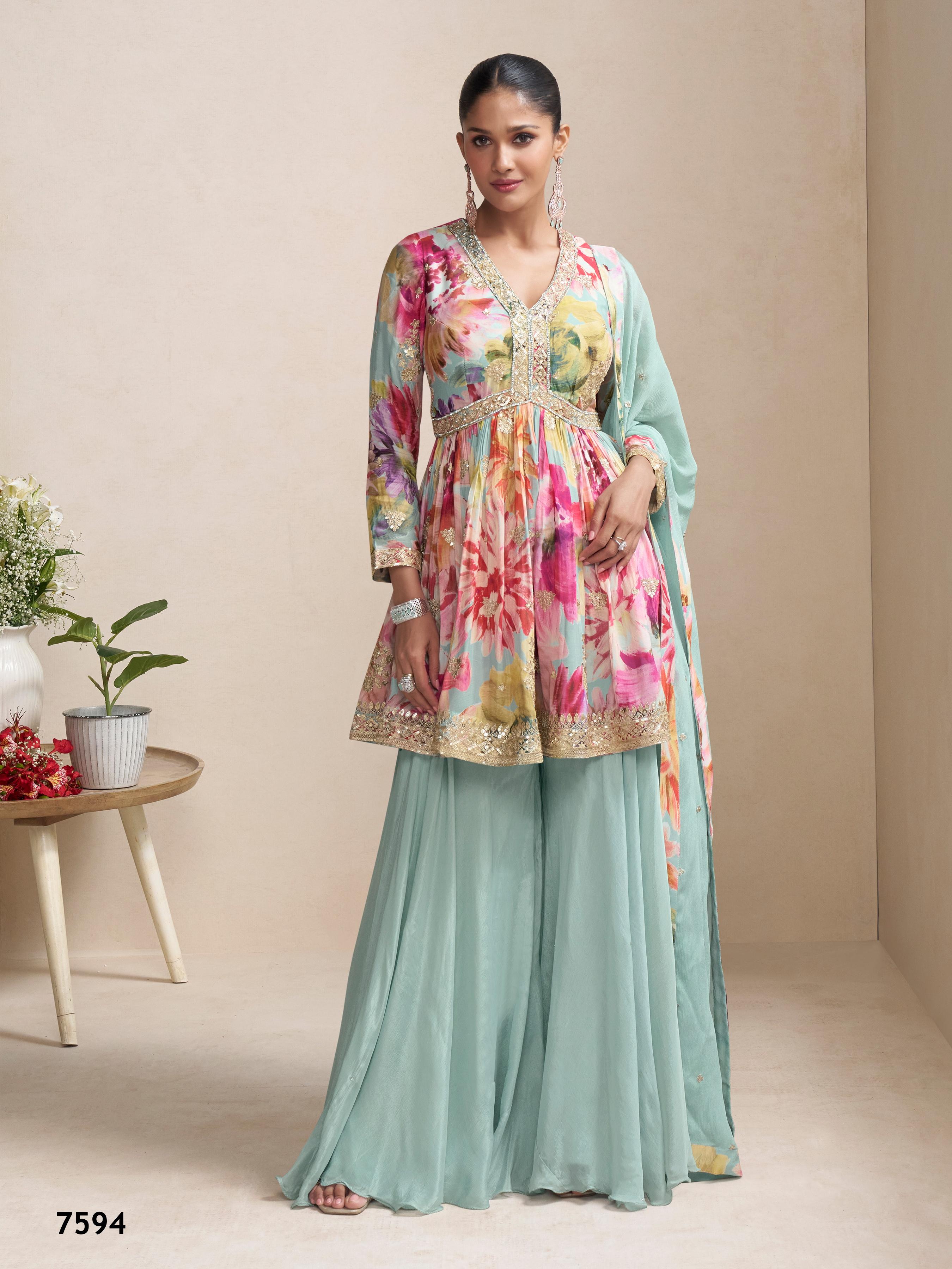 Anaita Sky Blue Chinon Stitched Plazzo Suit With Embroidery Work - Distacart