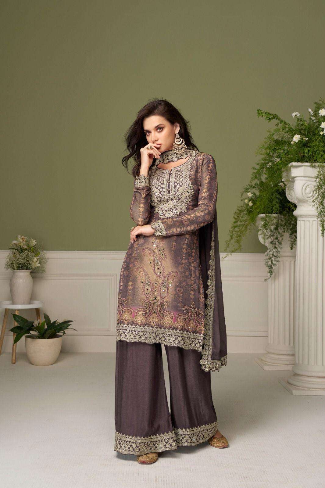 Anaita Grey Chinon Readymade Plazzo Suit With Embroidery Work