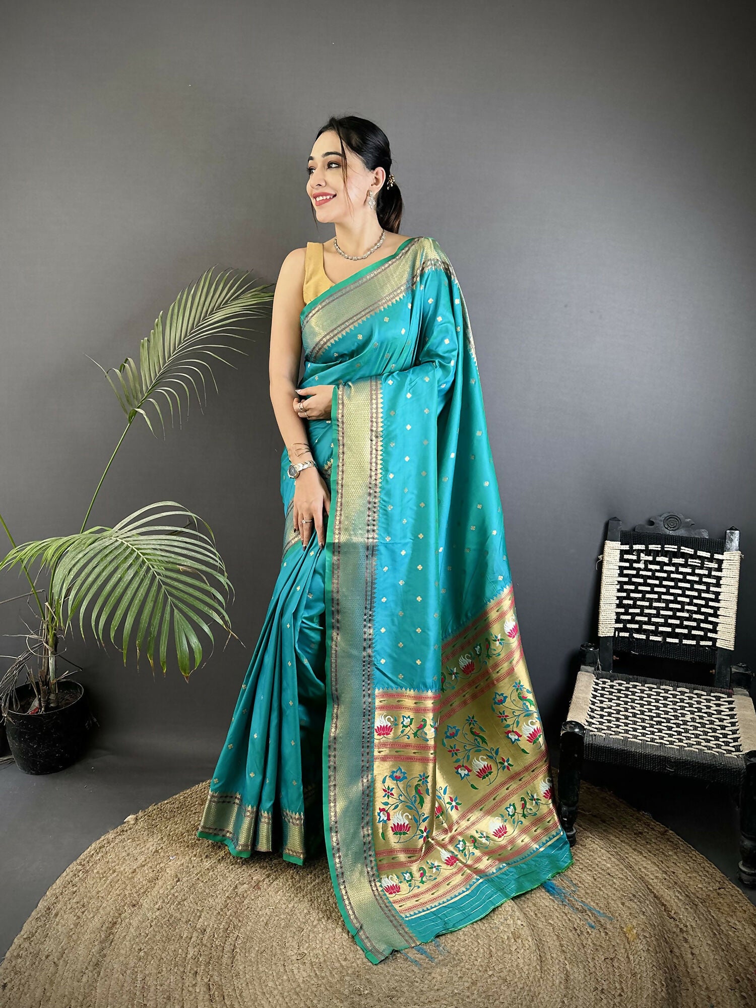 Joban Fashion Teal Butti Woven Soft Lichi Silk Paithani Saree