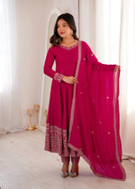 Thumbnail for Lorenvalley Fashion Ranipink Vichitra Silk Embroidery Dori and Sequence work Anarkali Gown Pant with Dupatta - Dista