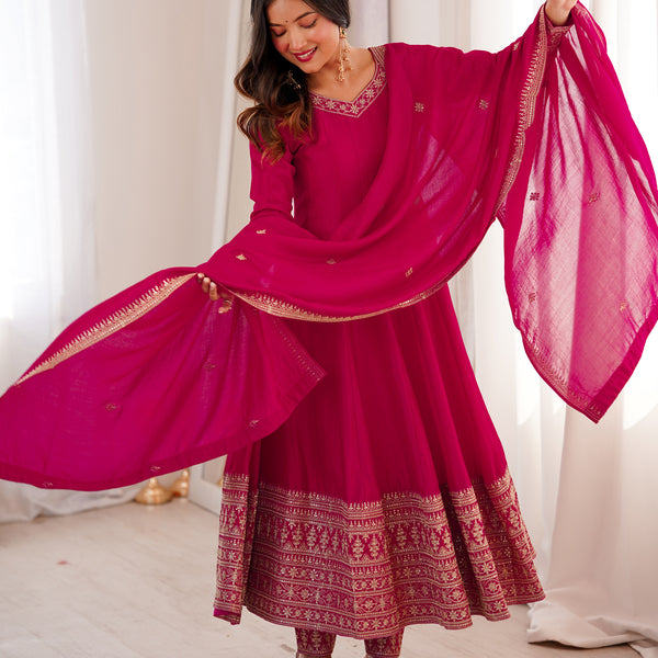 Lorenvalley Fashion Ranipink Vichitra Silk Embroidery Dori and Sequence work Anarkali Gown Pant with Dupatta - Dista