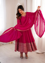 Thumbnail for Lorenvalley Fashion Ranipink Vichitra Silk Embroidery Dori and Sequence work Anarkali Gown Pant with Dupatta - Dista