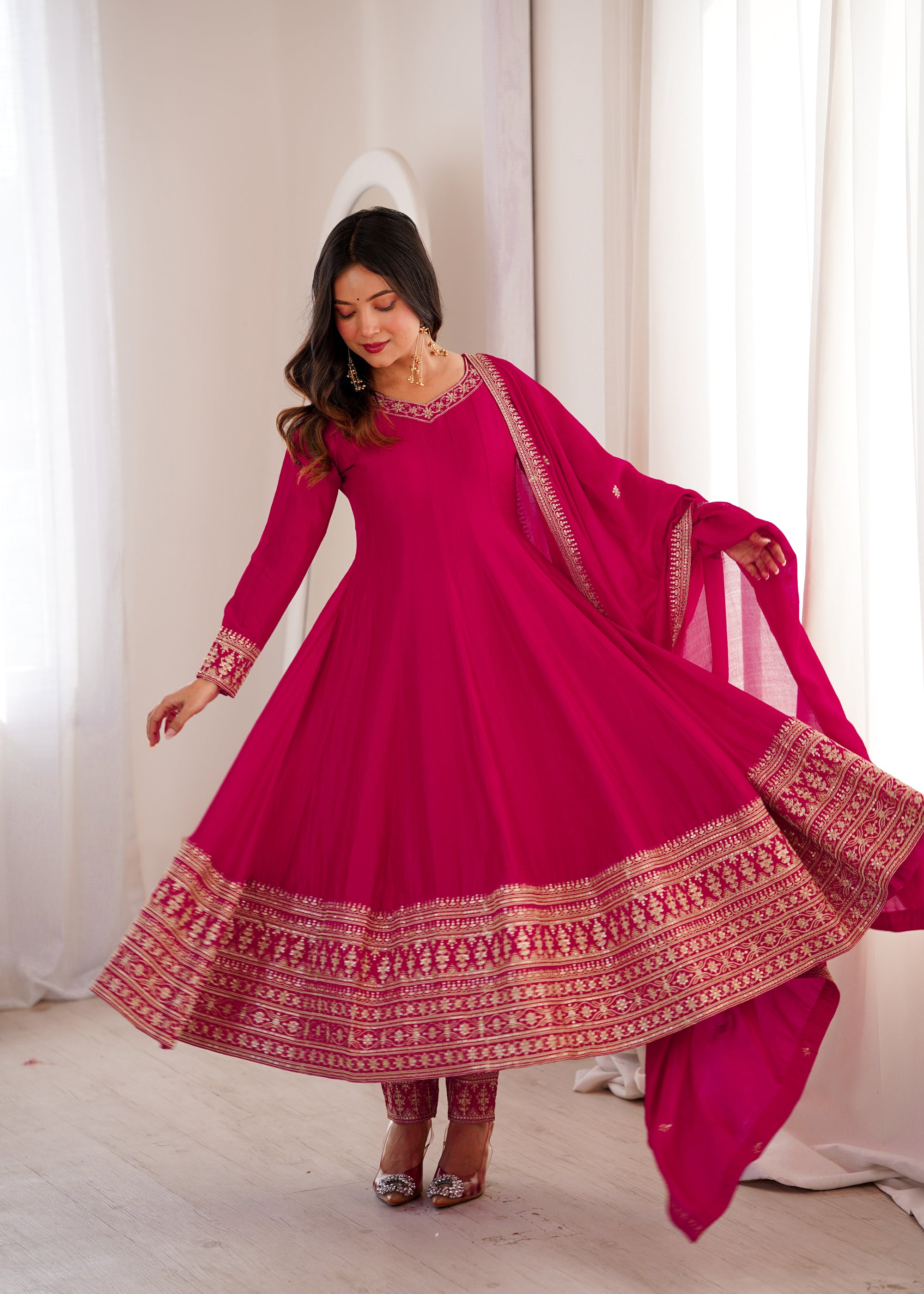 Lorenvalley Fashion Ranipink Vichitra Silk Embroidery Dori and Sequence work Anarkali Gown Pant with Dupatta - Dista