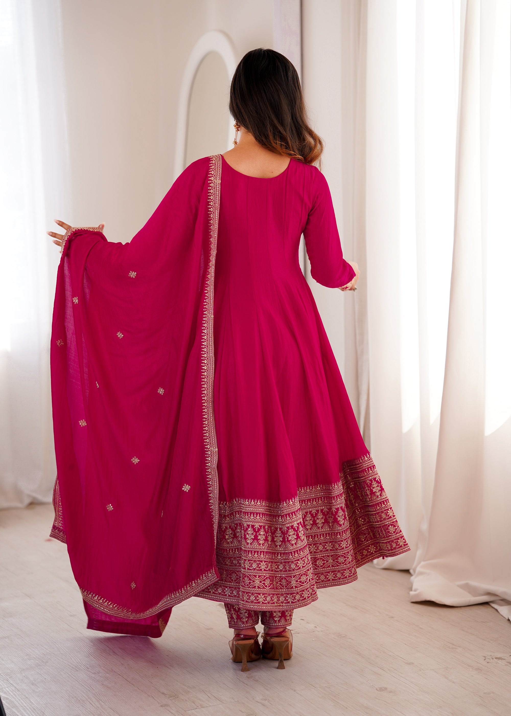 Lorenvalley Fashion Ranipink Vichitra Silk Embroidery Dori and Sequence work Anarkali Gown Pant with Dupatta - Dista
