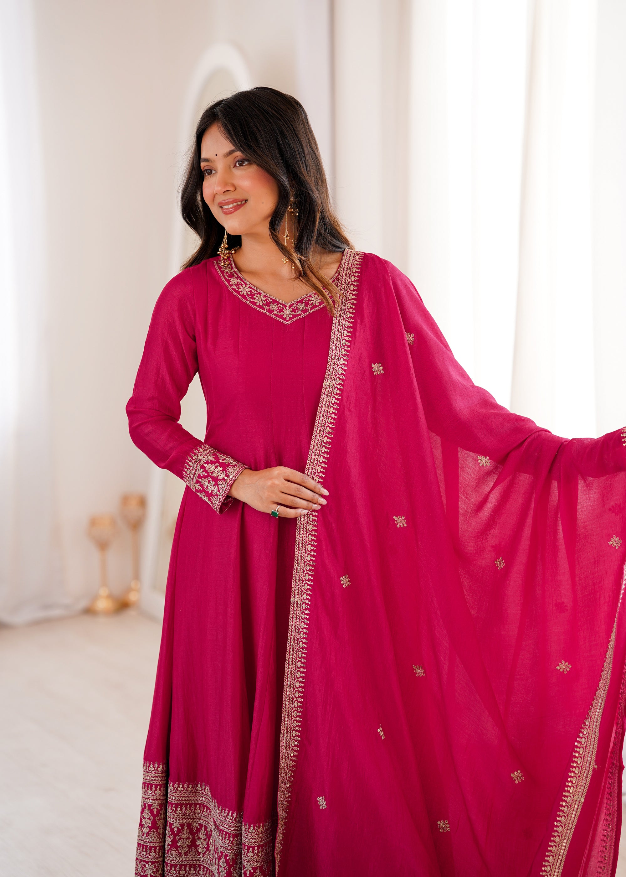 Lorenvalley Fashion Ranipink Vichitra Silk Embroidery Dori and Sequence work Anarkali Gown Pant with Dupatta - Dista
