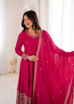 Thumbnail for Lorenvalley Fashion Ranipink Vichitra Silk Embroidery Dori and Sequence work Anarkali Gown Pant with Dupatta - Dista