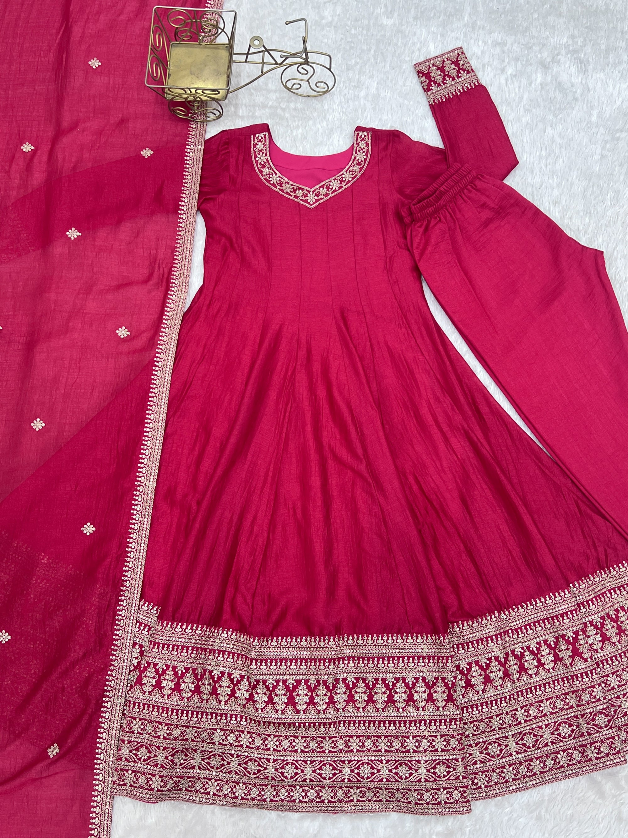 Lorenvalley Fashion Ranipink Vichitra Silk Embroidery Dori and Sequence work Anarkali Gown Pant with Dupatta - Dista
