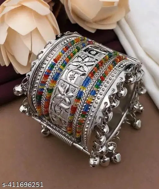 Tehzeeb Creations Women's Silver Colour Oxidised Bangle With Multi Colour Pearl - Distacart