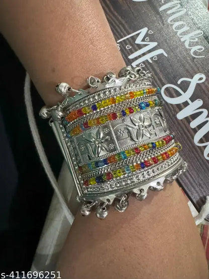 Tehzeeb Creations Women's Silver Colour Oxidised Bangle With Multi Colour Pearl - Distacart