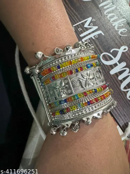 Tehzeeb Creations Women's Silver Colour Oxidised Bangle With Multi Colour Pearl