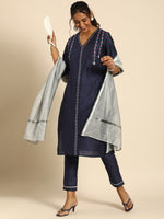 Thumbnail for All About You Women Navy Blue Embroidered Regular Thread Work Kurta with Trousers - Distacart
