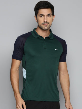 Alcis Men Green & Navy Blue Colourblocked Polo Collar Slim Fit Running T-shirt - Distacart