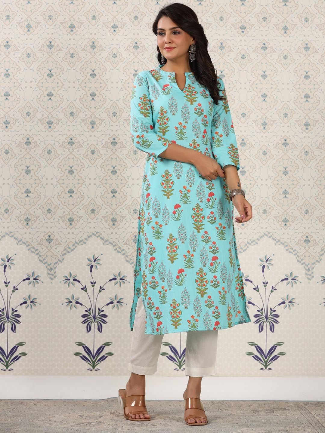 Ode by House of Pataudi Floral Printed Mandarin Collar Pure Cotton Kurta - Distacart