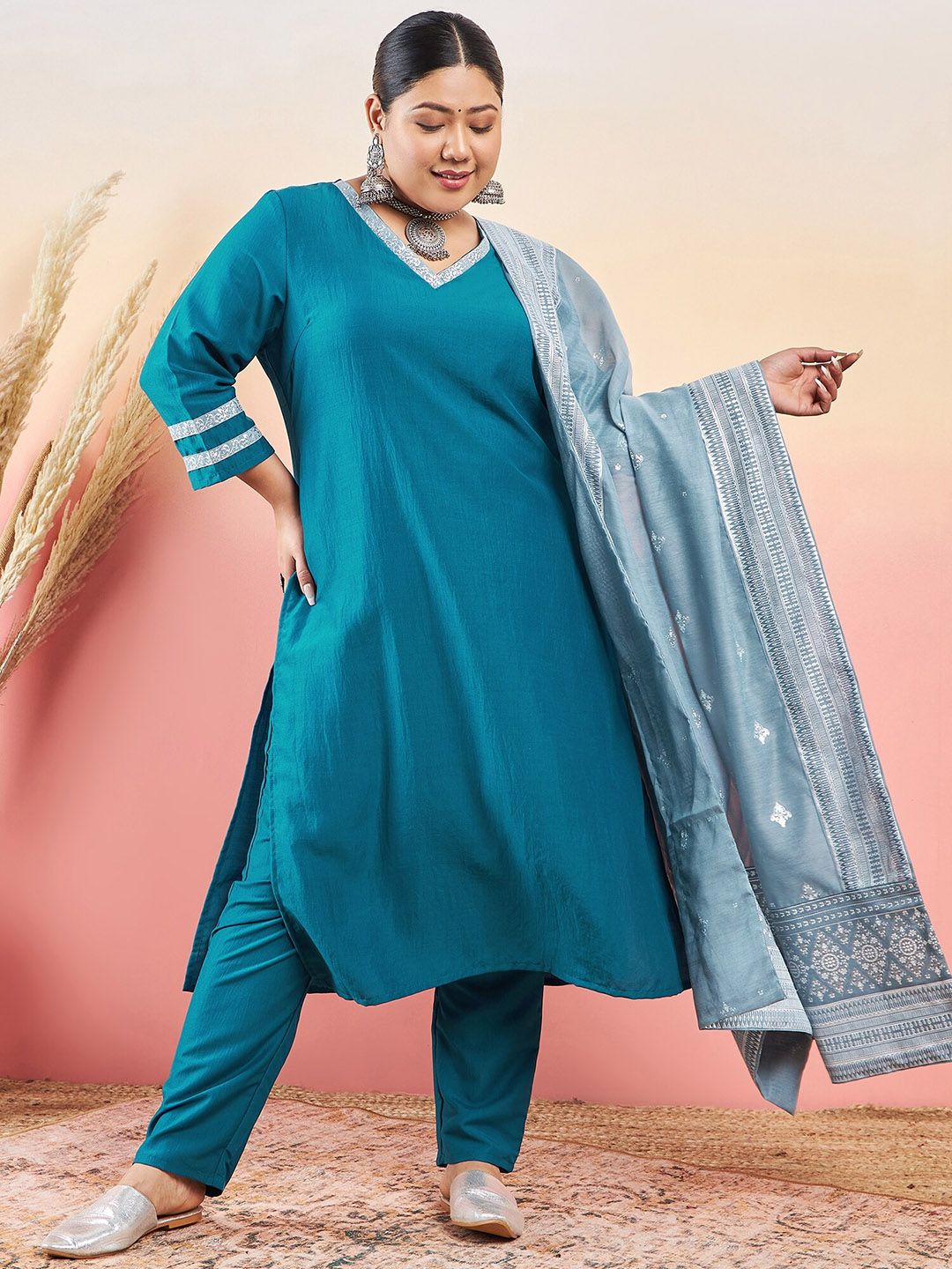 Sztori V-Neck Straight Kurta With Trouser & Dupatta - Distacart