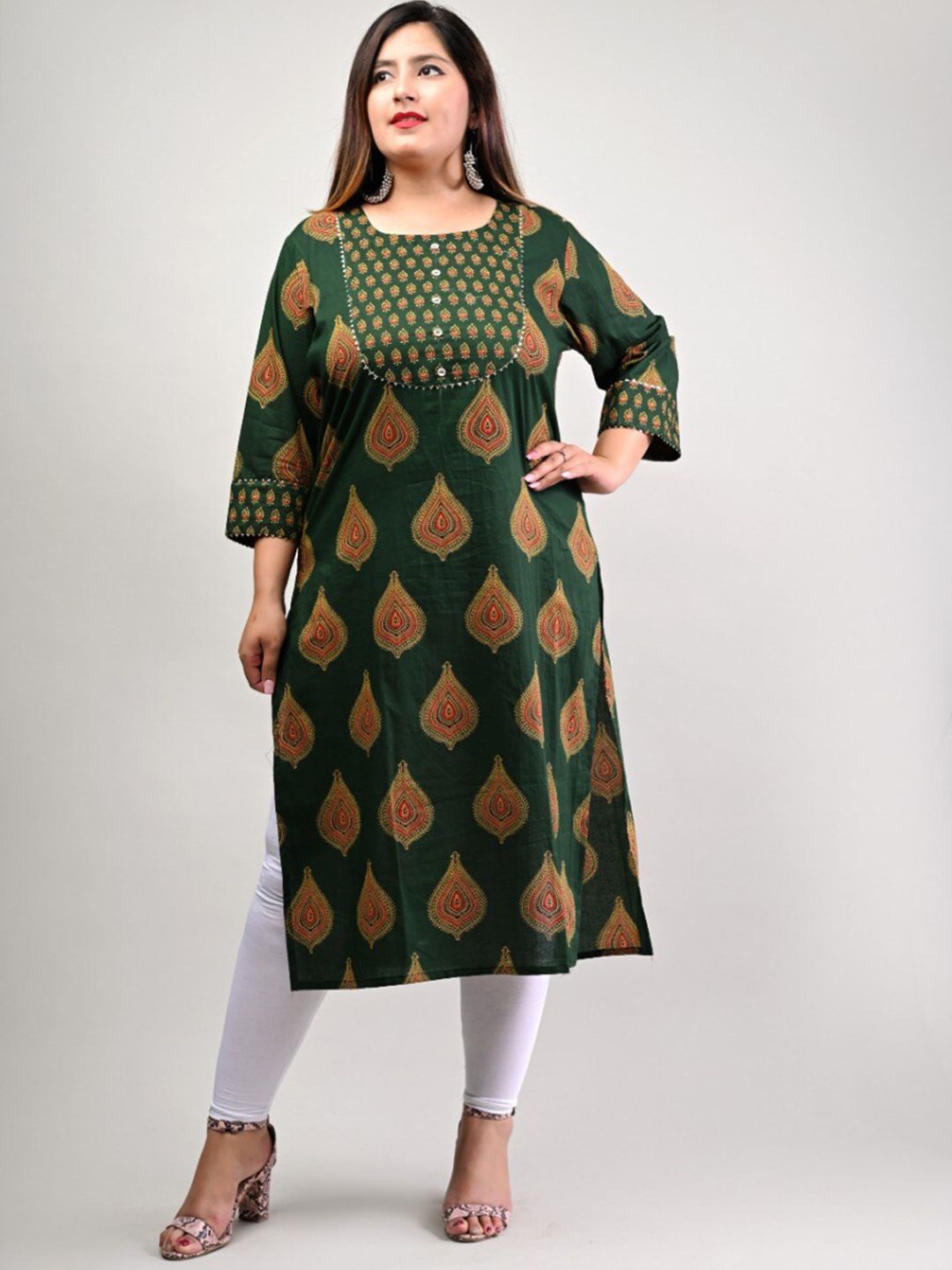 Swasti Women Plus Size Green Geometric Printed Floral Cotton Kurta - Distacart
