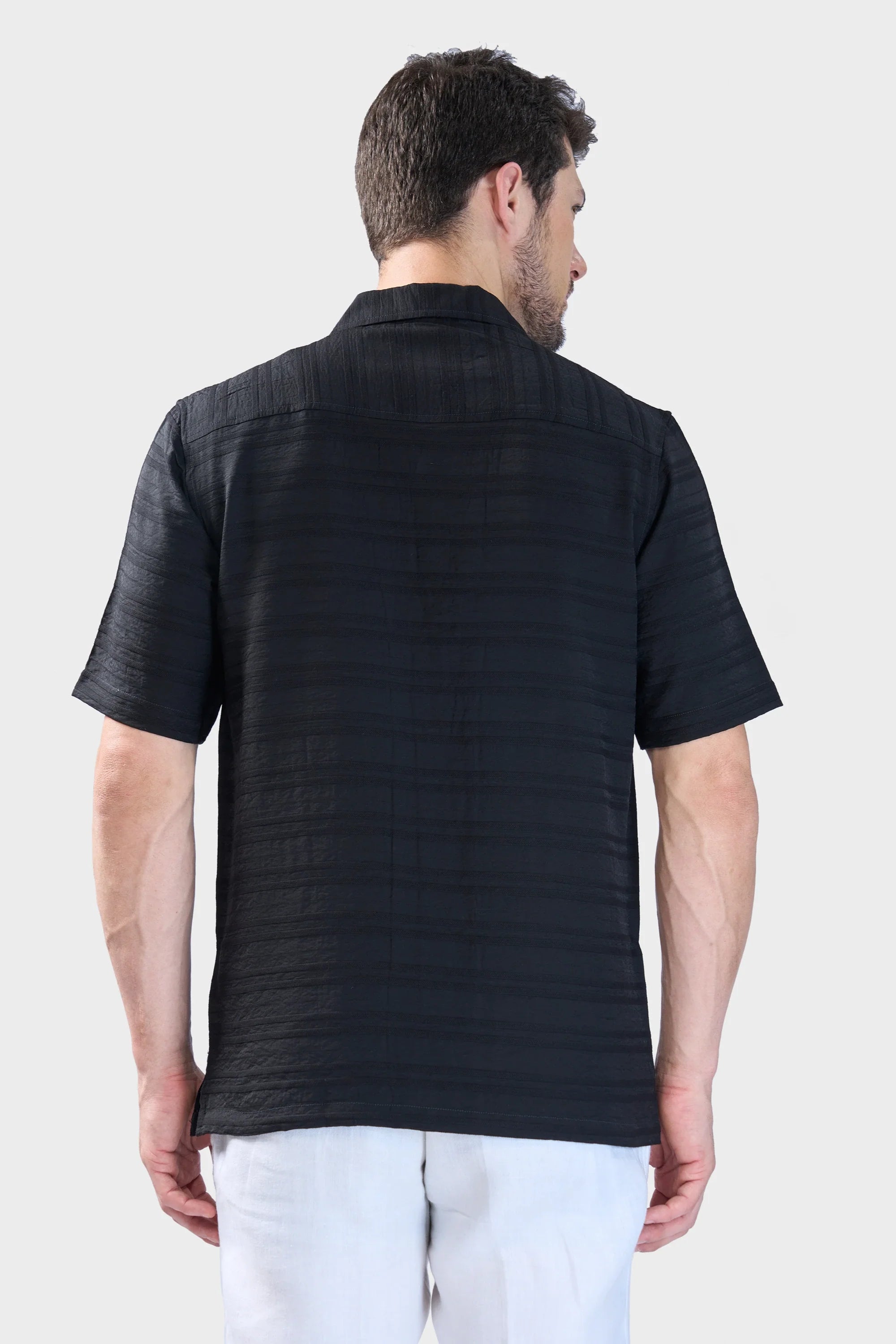 Xkind Black Horizontal Pleated Stripes Relaxed Fit Shirt