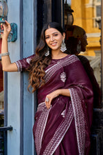 Thumbnail for Vastranavya Wine Embroidery Work Shimmer Chiffon Saree with Unstitched Blouse