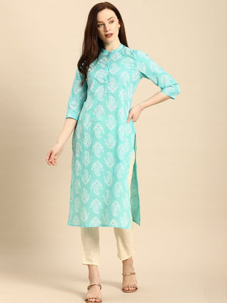 All About You Women Turquoise Blue & White Printed Pure Cotton Straight Kurta - Distacart