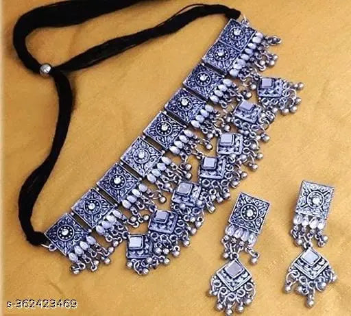 Tehzeeb Creations Women's Silver Colour Oxidised Necklace Set With Mirror Work - Distacart
