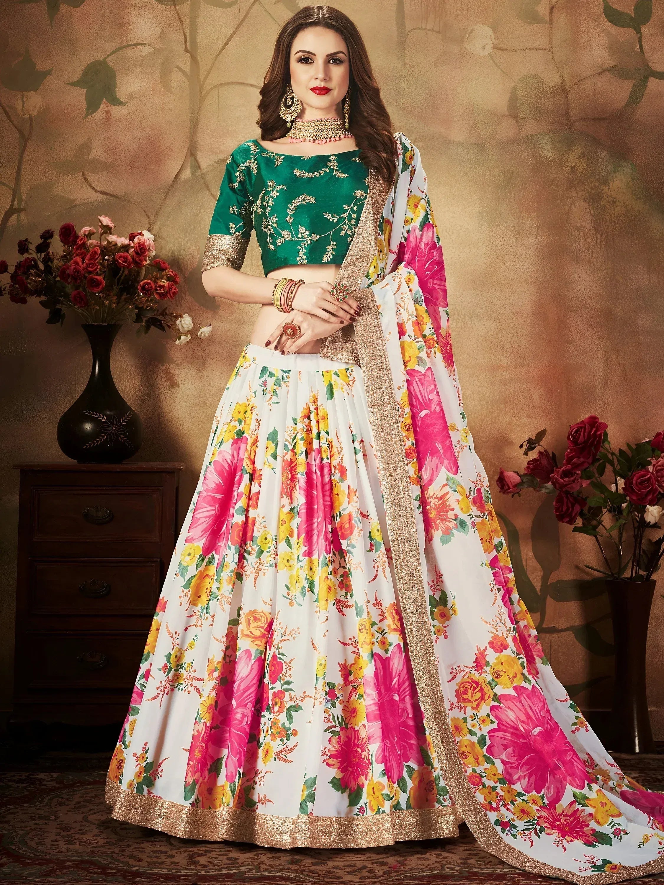 Tulsi Art Cream Floral Digital Printed Organza Bridal Lehenga Choli - Dista