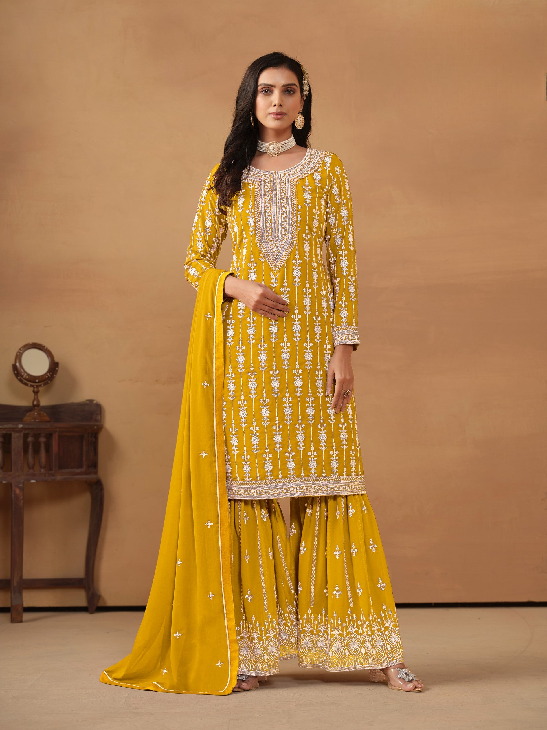 Anaita Yellow Embroidered Faux Georgette Salwar Suit - Distacart