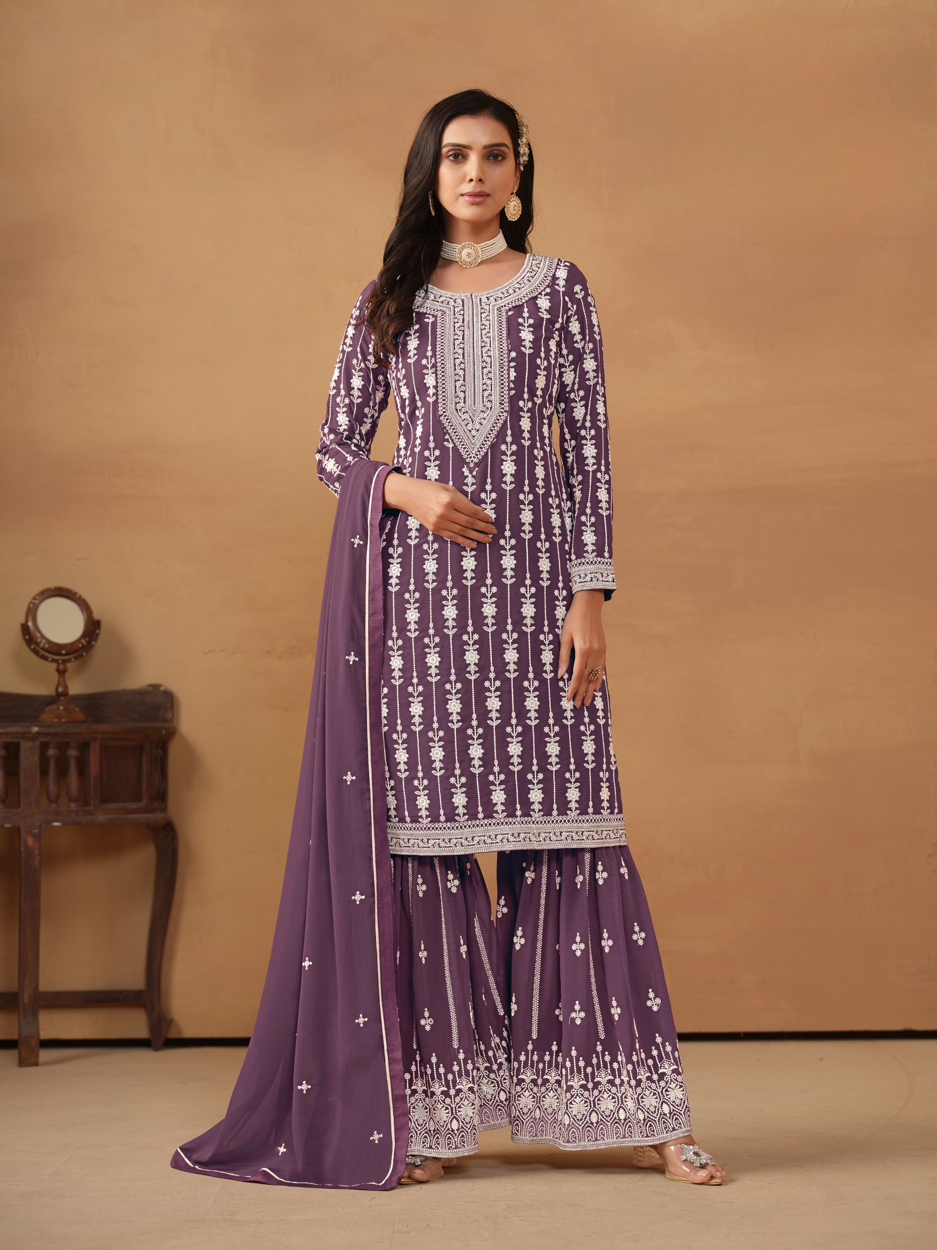 Anaita Purple Embroidered Faux Georgette Salwar Suit - Distacart