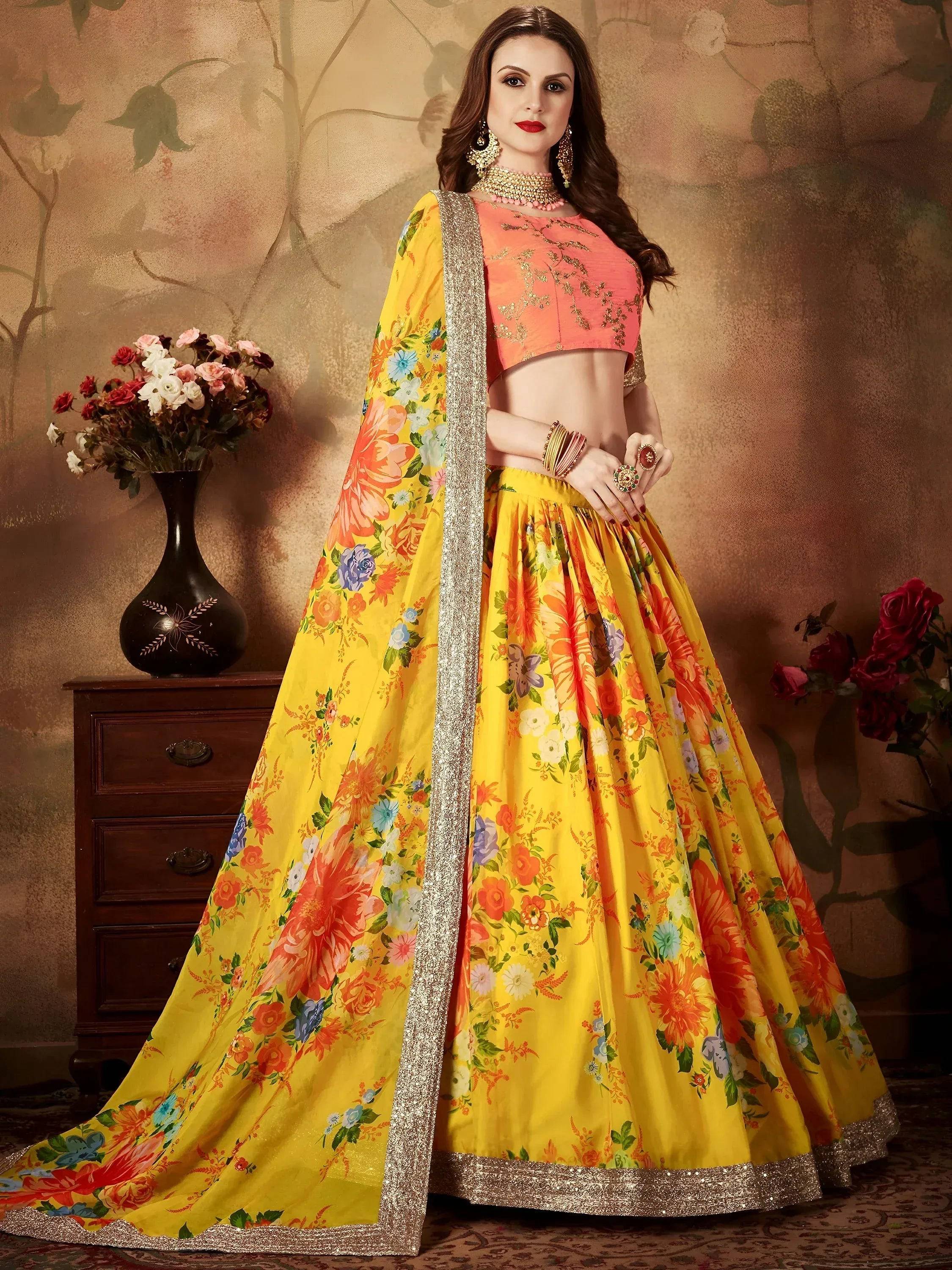 Tulsi Art Yellow-Peach Floral Digital Printed Organza Bridal Lehenga Choli