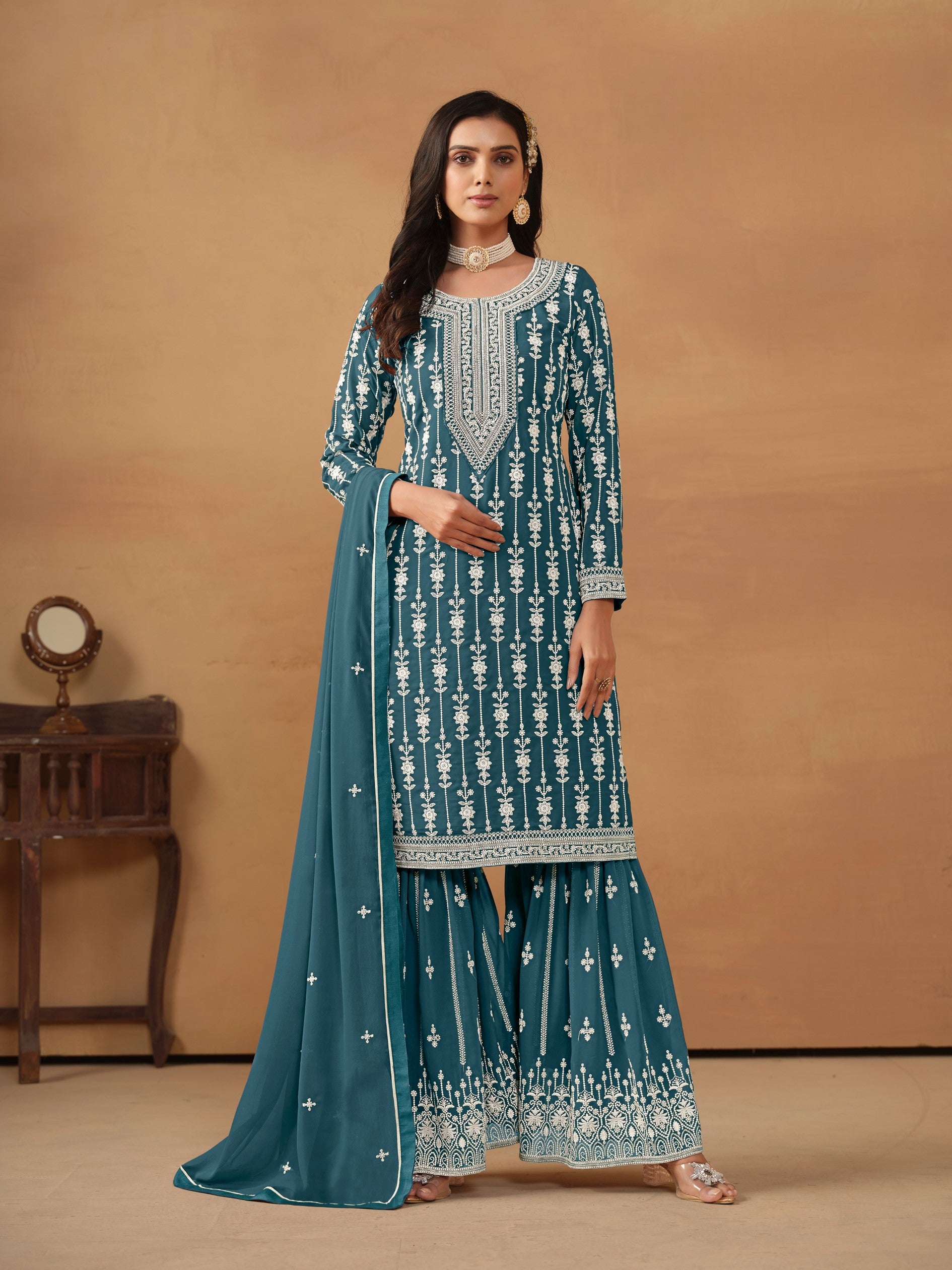 Anaita Teal Embroidered Faux Georgette Salwar Suit - Distacart