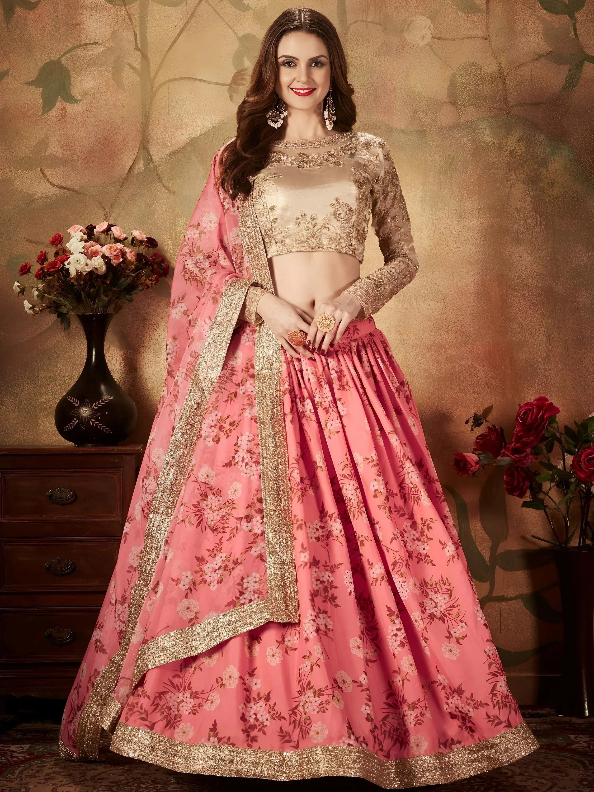 Tulsi Art Pink Floral Digital Printed Organza Wedding Wear Lehenga Choli - Dista