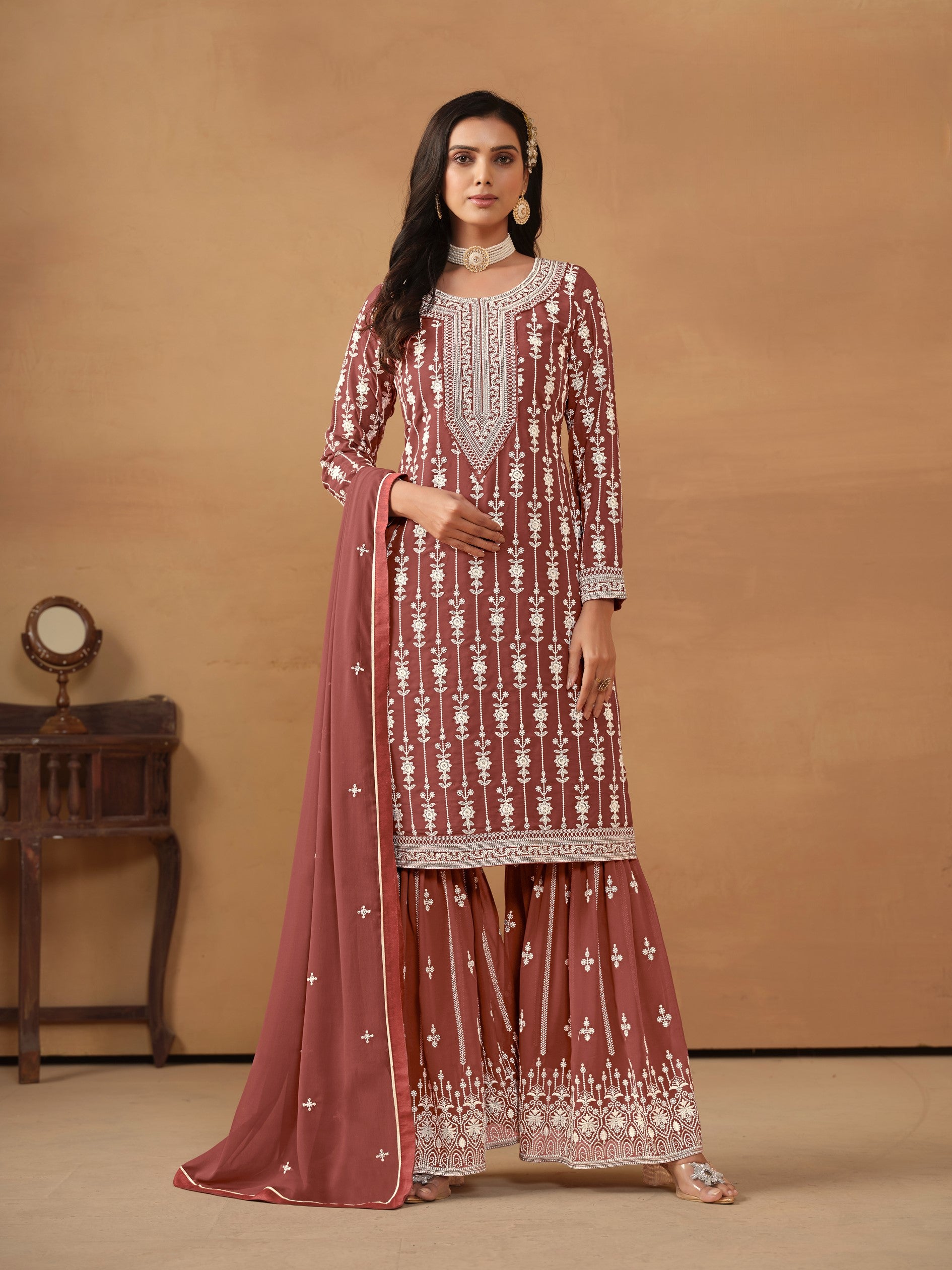 Anaita Brown Embroidered Faux Georgette Salwar Suit - Distacart