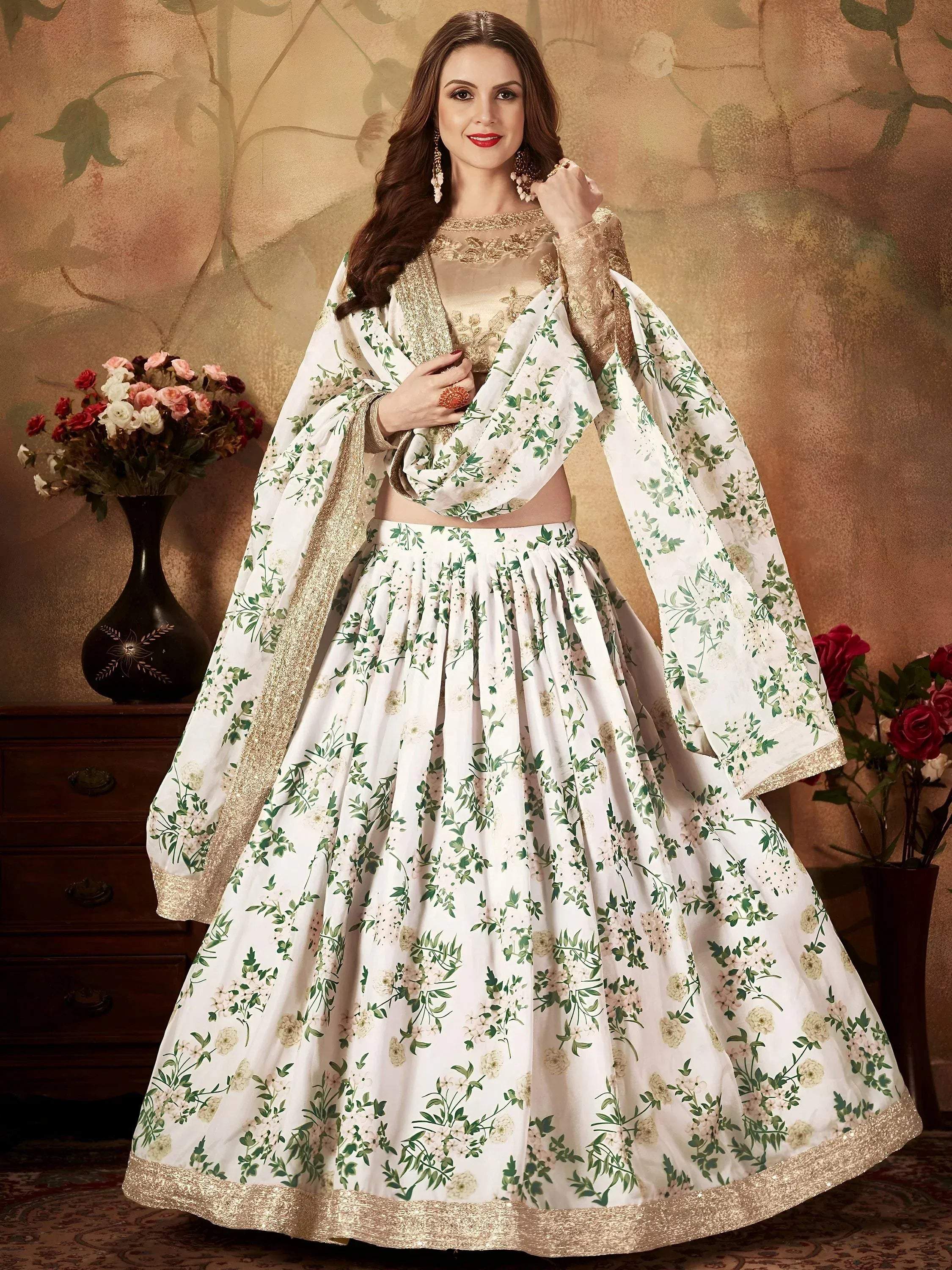 Tulsi Art White Floral Digital Printed Organza Wedding Wear Lehenga Choli