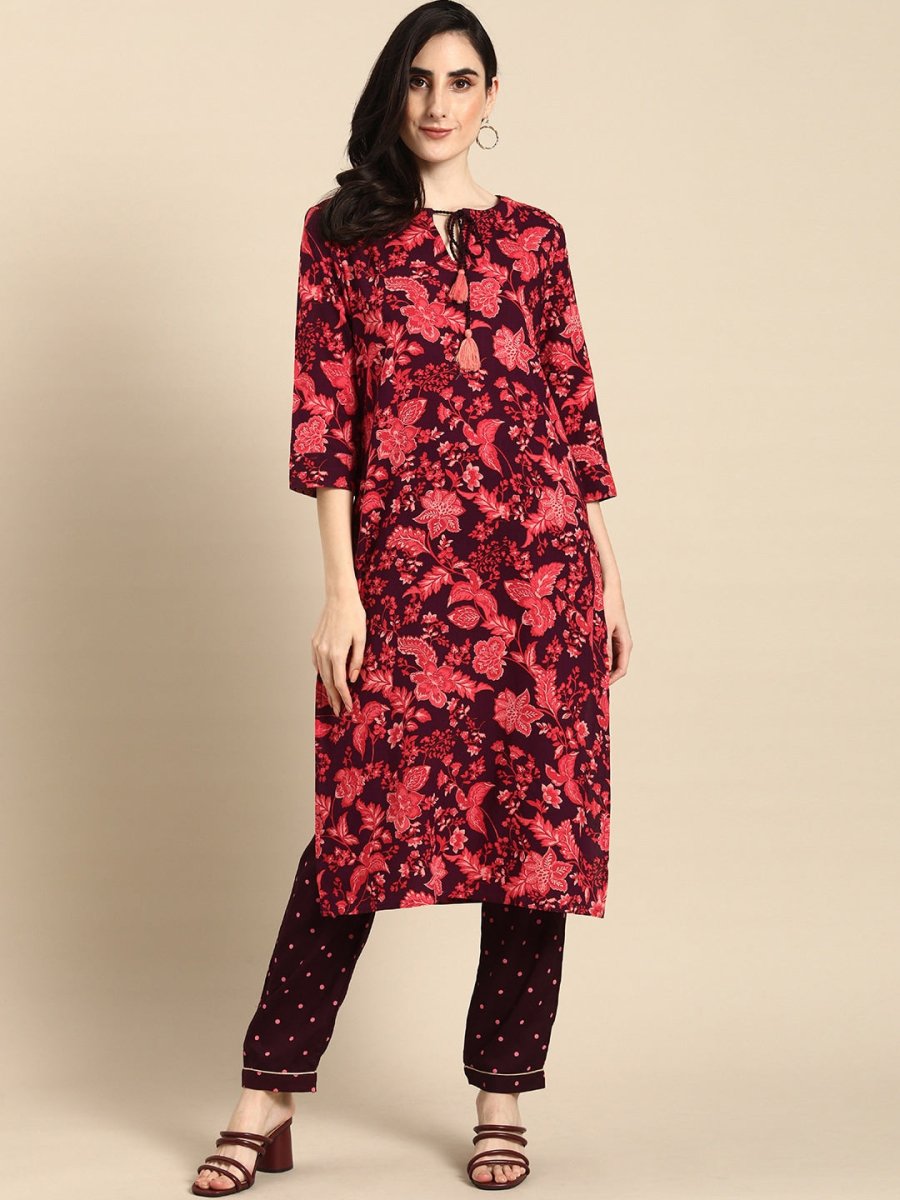 All About You Women Purple & Red Floral Printed Regular Kurta with Trousers - Distacart