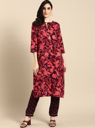 All About You Women Purple & Red Floral Printed Regular Kurta with Trousers - Distacart