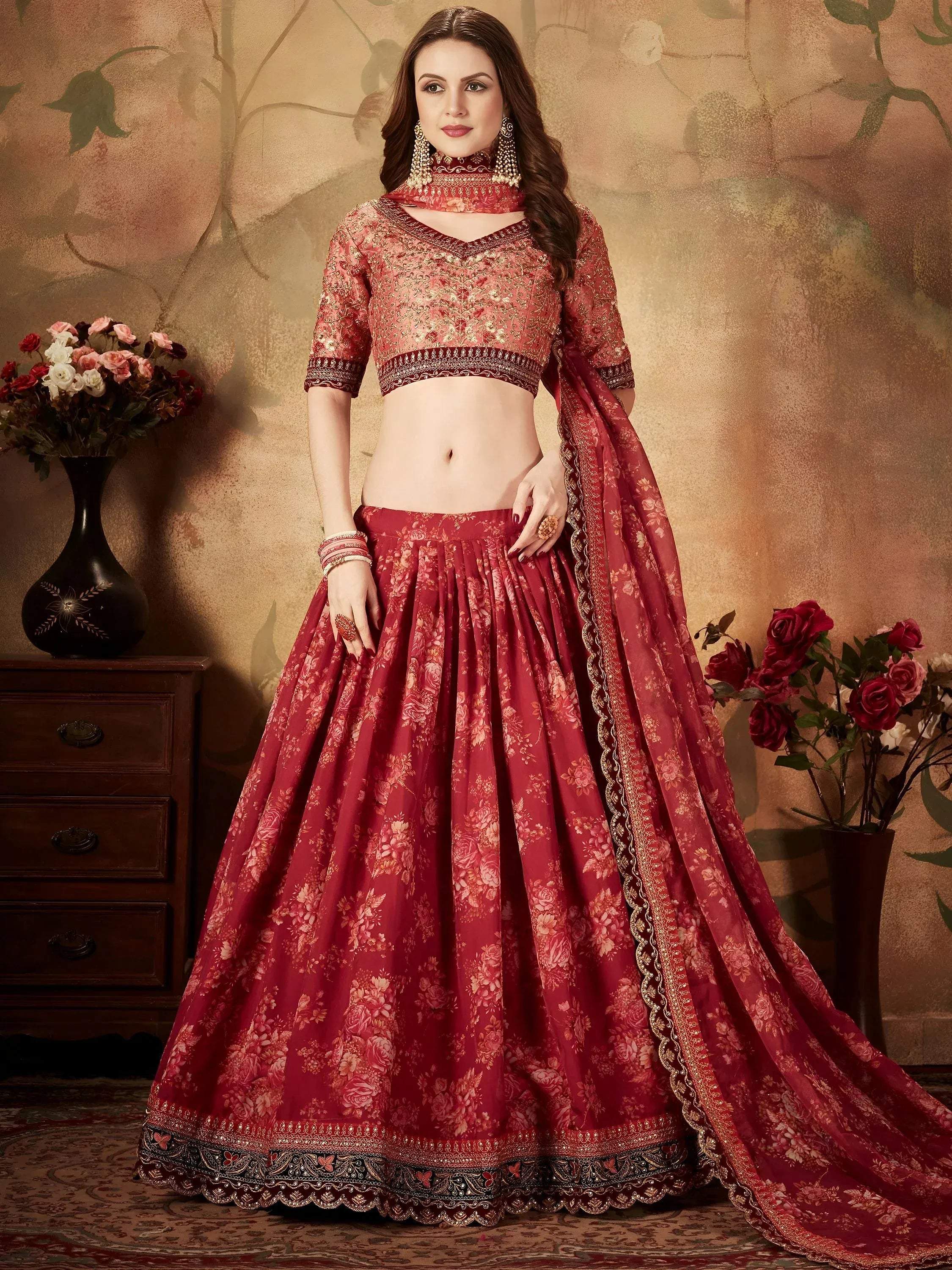 Tulsi Art Maroon Floral Digital Printed Organza Bridal Lehenga Choli - Dista