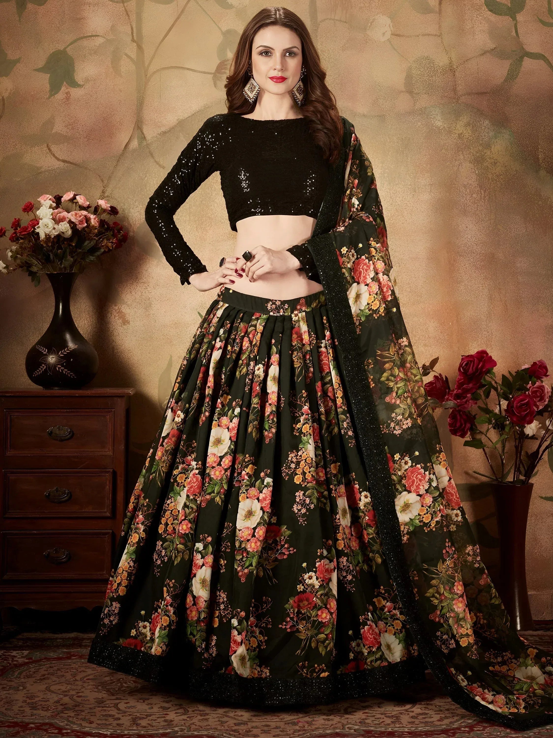 Tulsi Art Black Floral Digital Printed Organza Party Wear Lehenga Choli - Dista