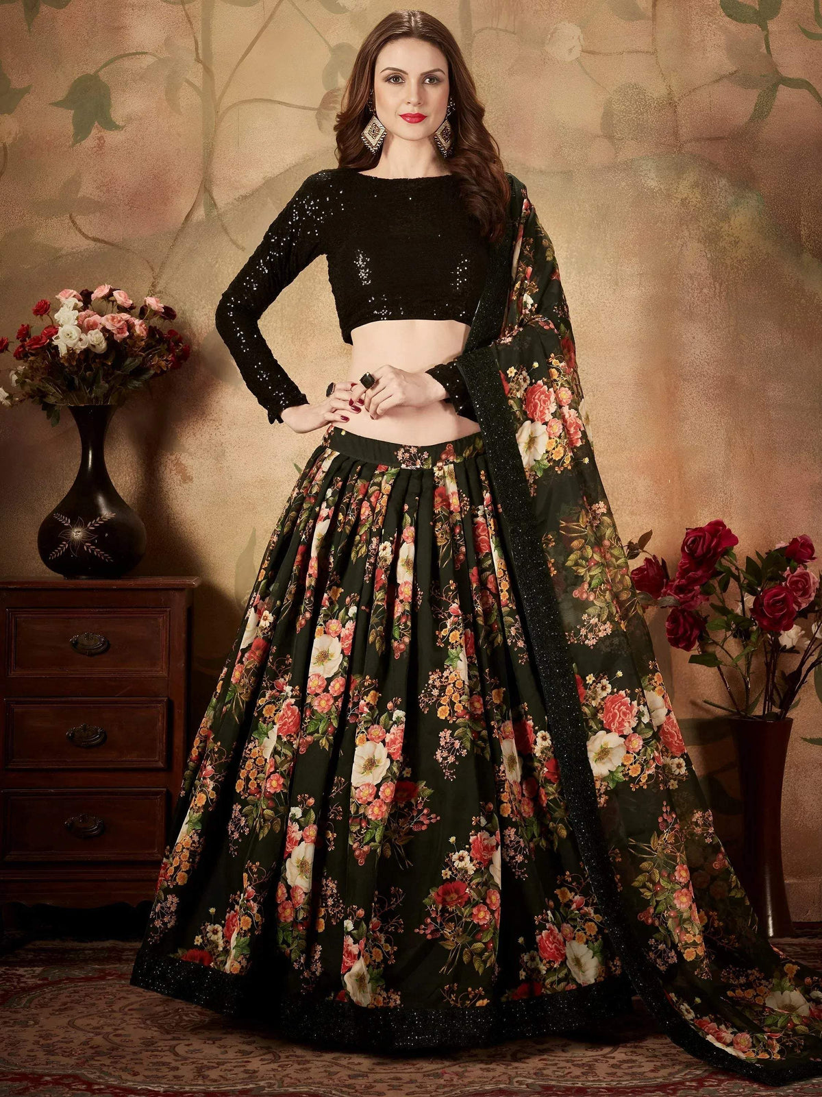 Tulsi Art Black Floral Digital Printed Organza Party Wear Lehenga Choli