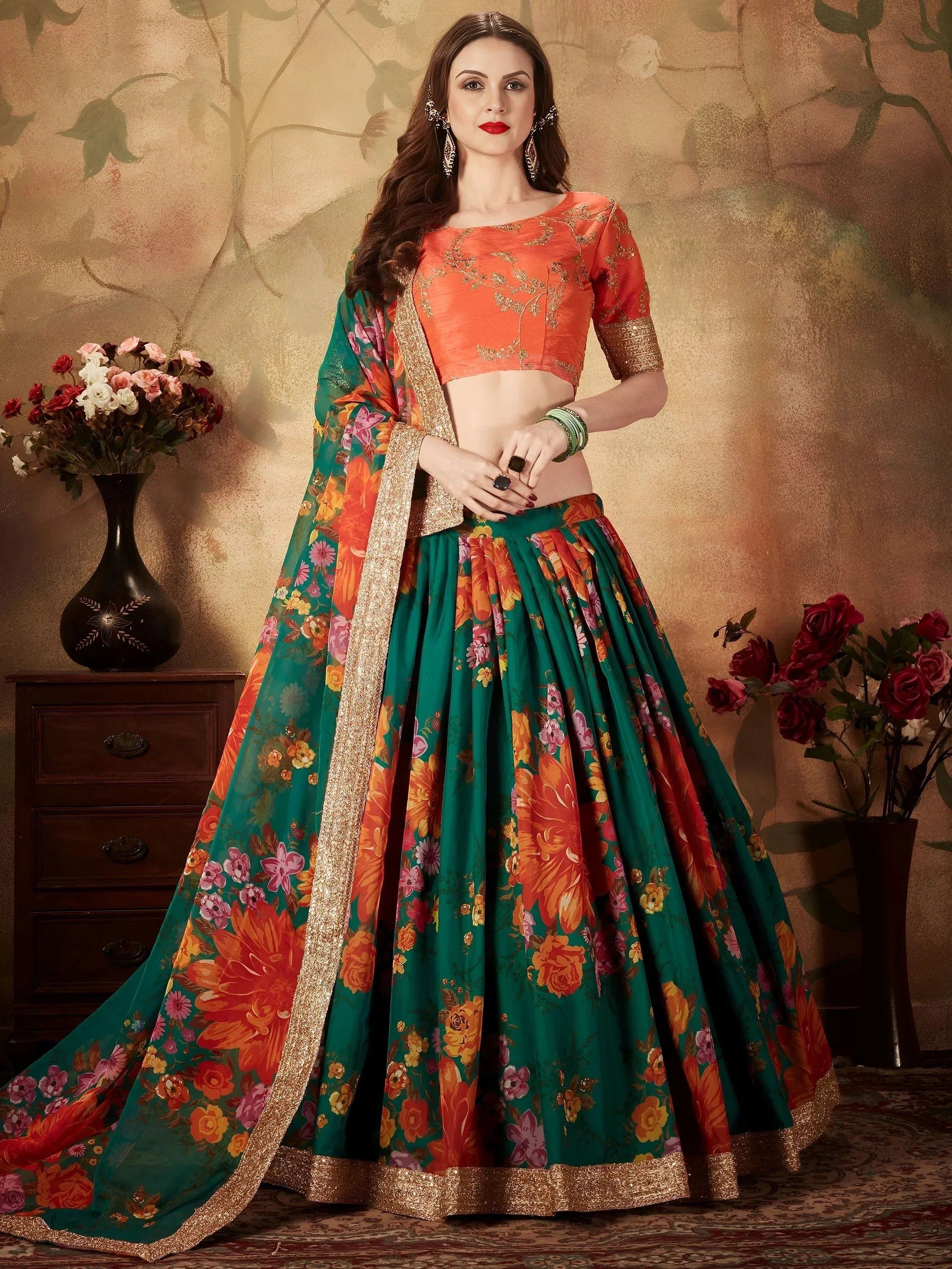 Tulsi Art Green Floral Digital Printed Organza Bridal Lehenga Choli - Dista