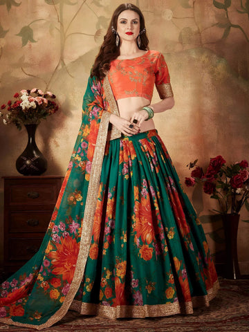 Tulsi Art Green Floral Digital Printed Organza Bridal Lehenga Choli - Dista