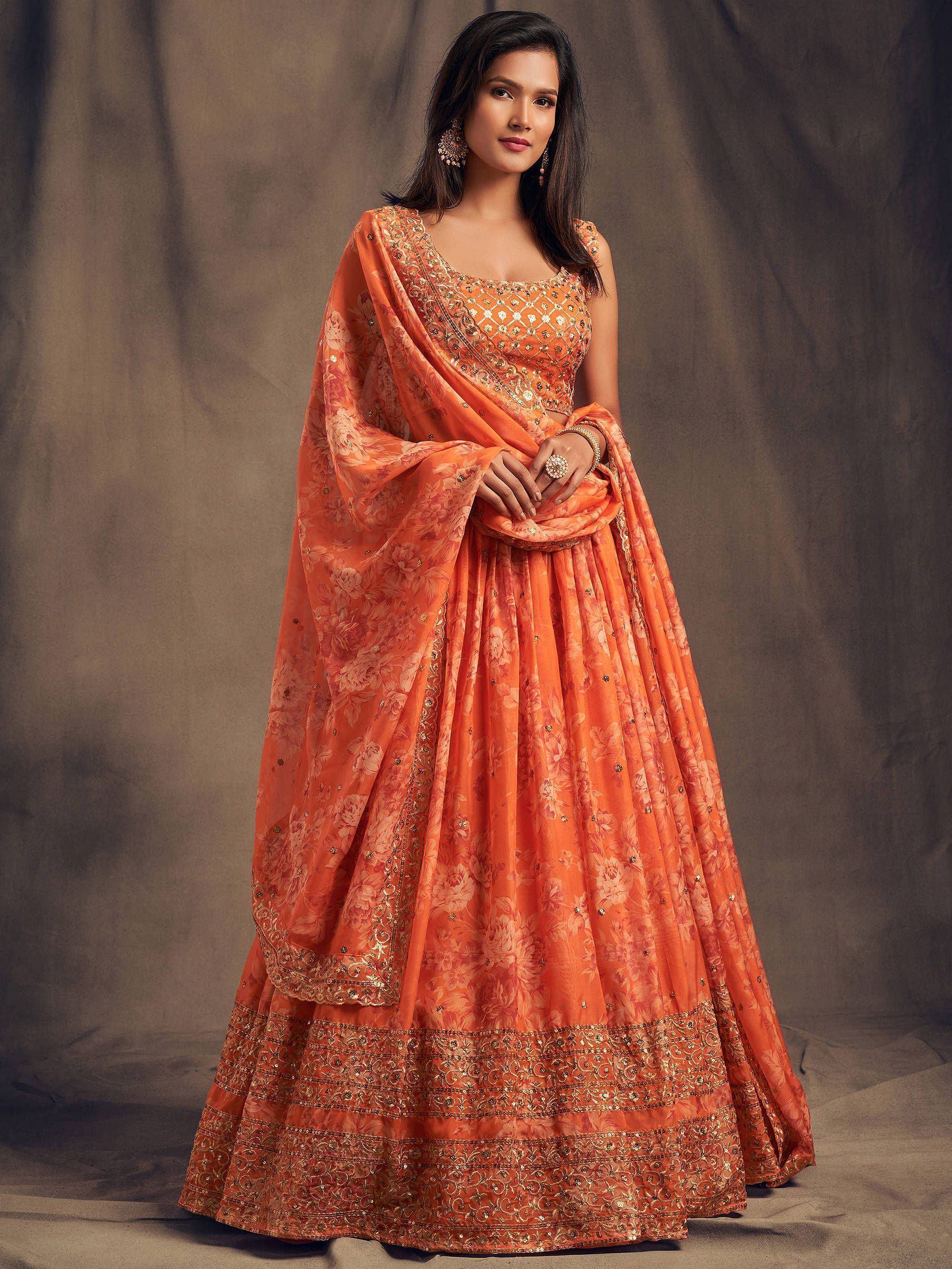 Tulsi Art Orange Floral Embroidered Organza Wedding Wear Lehenga Choli - Dista