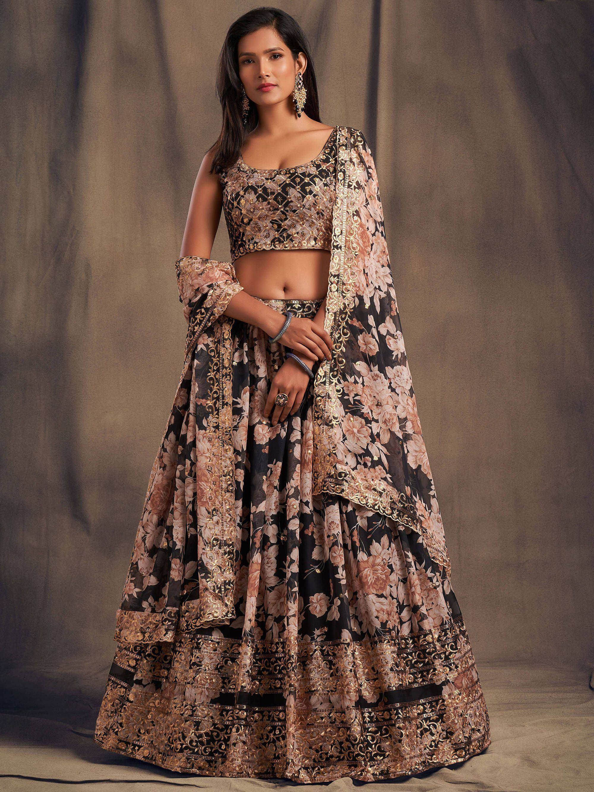 Tulsi Art Black Floral Embroidered Organza Wedding Wear Lehenga Choli - Dista