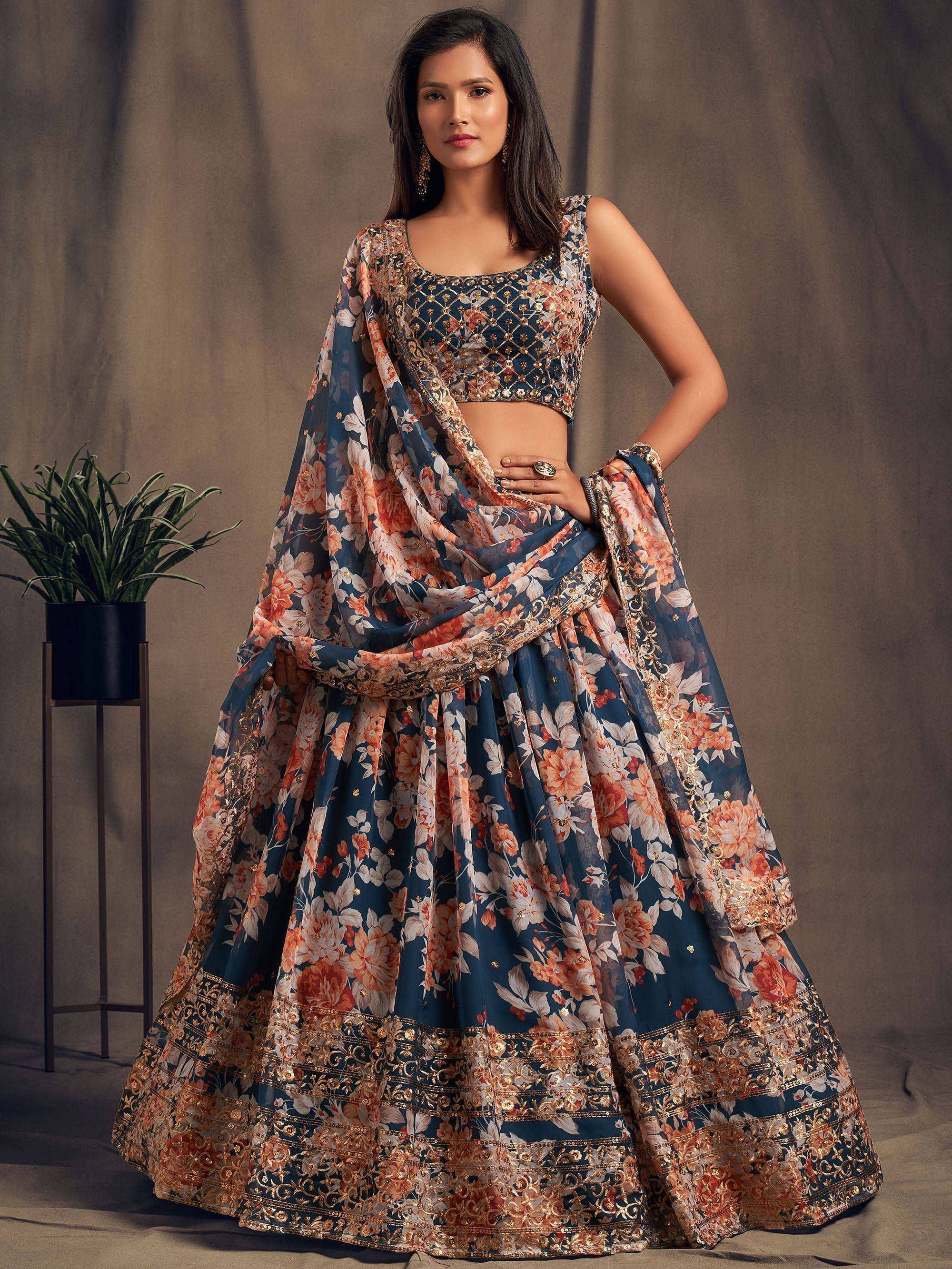 Tulsi Art Dove Blue Floral Embroidered Organza Wedding Wear Lehenga Choli - Dista