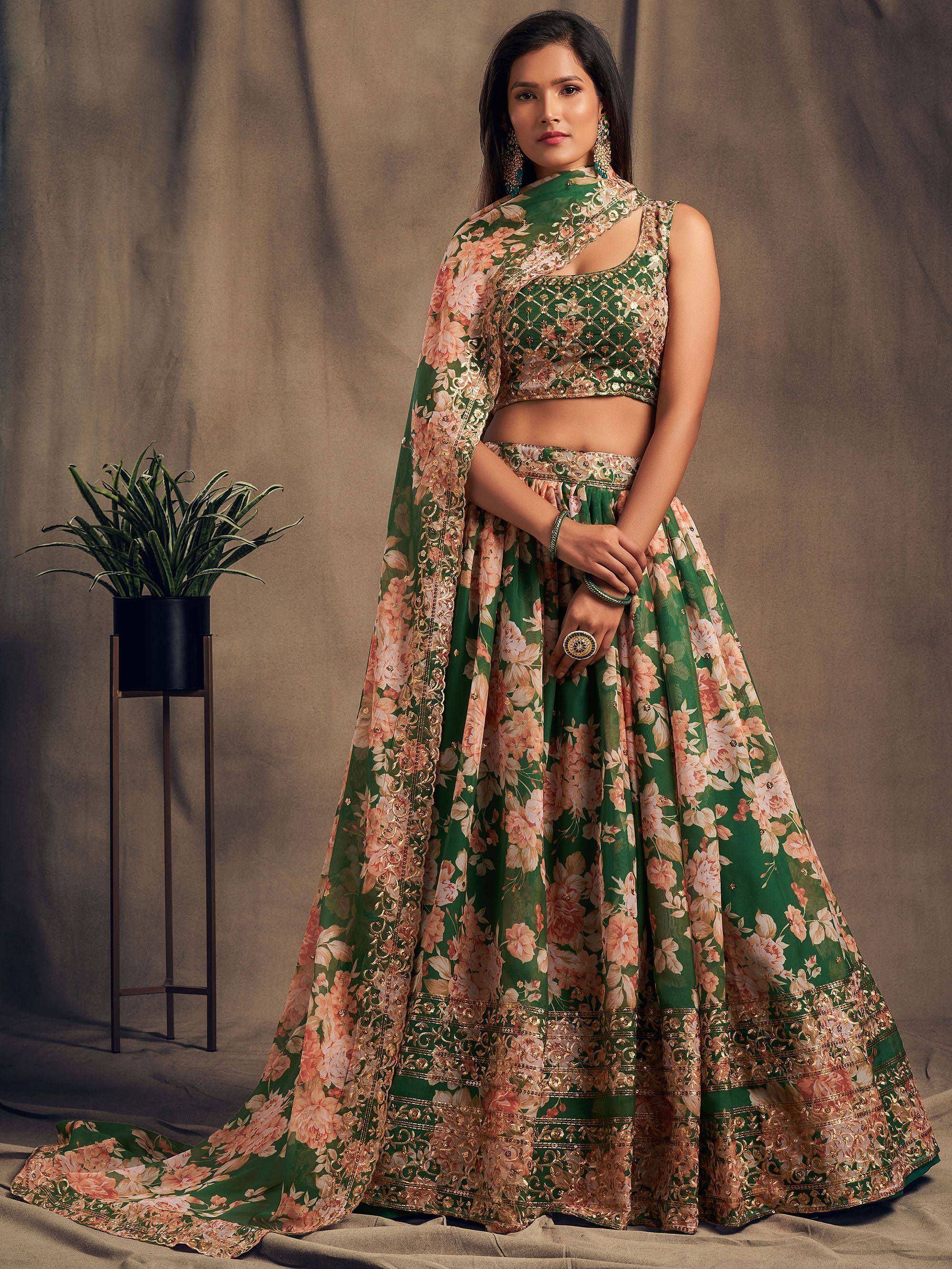 Tulsi Art Green Floral Embroidered Organza Wedding Wear Lehenga Choli - Dista