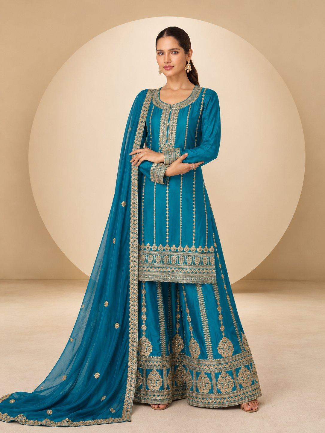 Anaita Blue Chinon Free Size Stitched Plazzo Suit With Embroidery Sequence Work