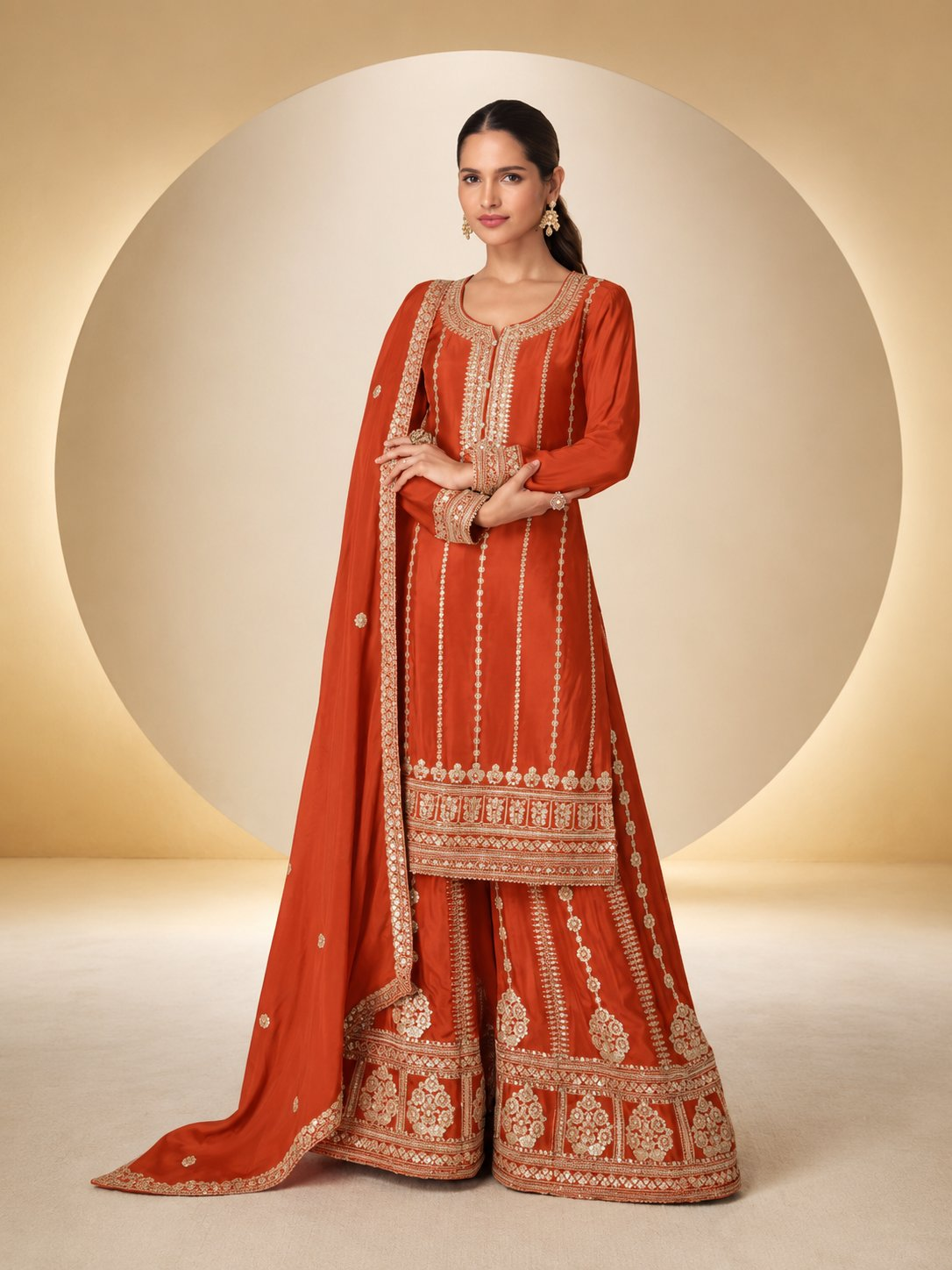 Anaita Orange Chinon Free Size Stitched Plazzo Suit With Embroidery Sequence Work