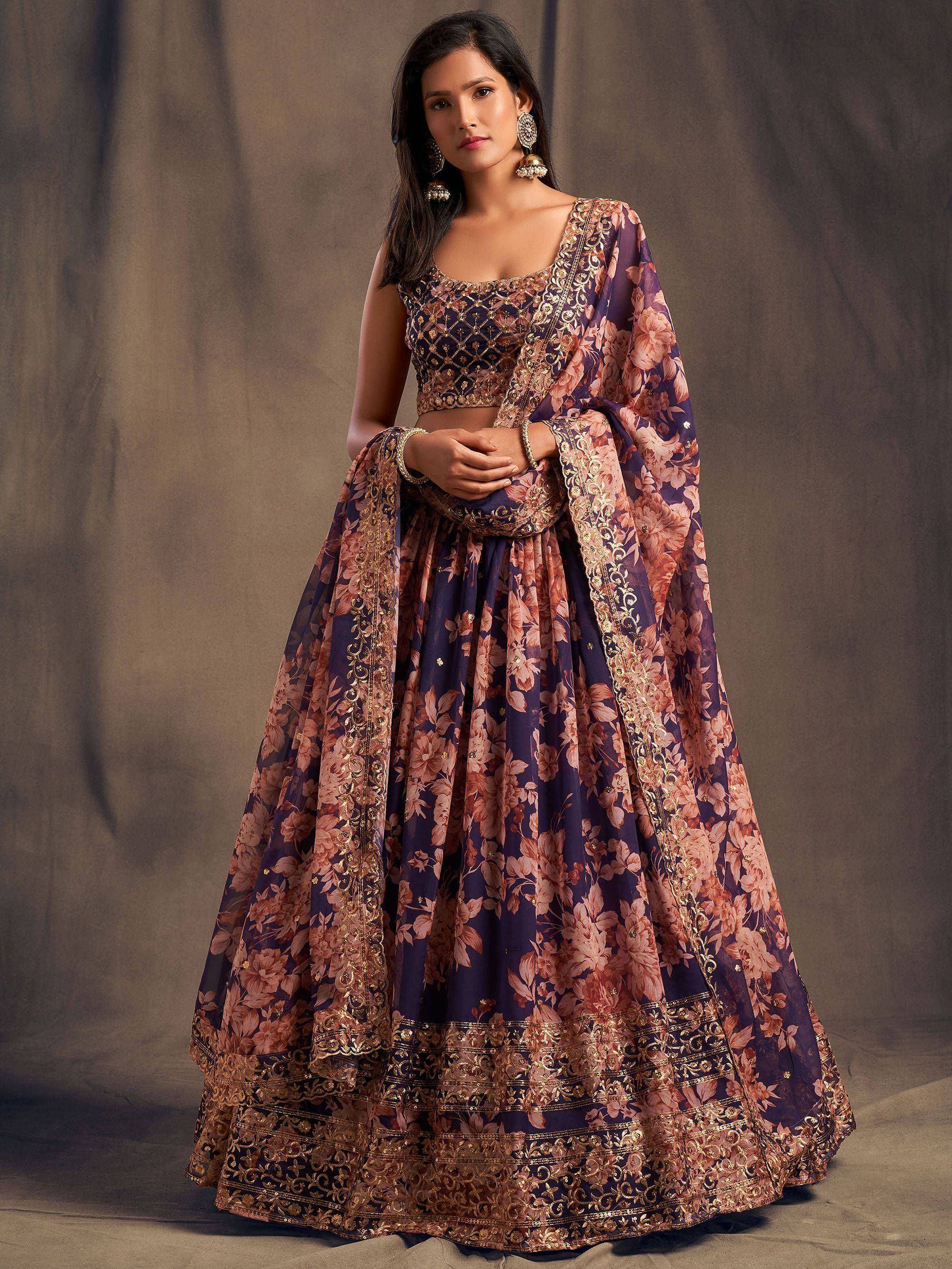 Tulsi Art Purple Floral Embroidered Organza Wedding Wear Lehenga Choli - Dista