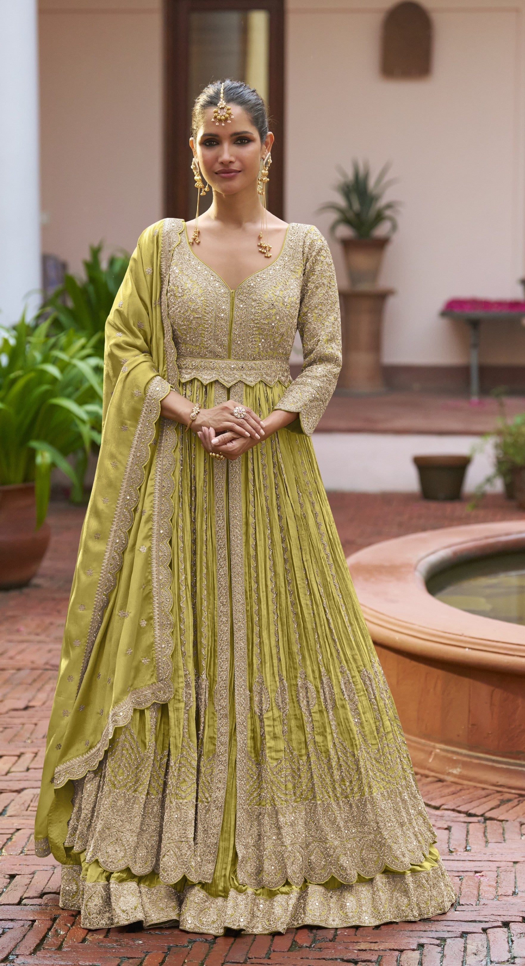 Anaita Olive Chinon Silk Stitched Anarkali Suit With Embroidered & Sequined Work - Distacart