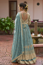 Thumbnail for Anaita Blue Chinon Silk Stitched Anarkali Suit With Embroidered & Sequined Work - Distacart